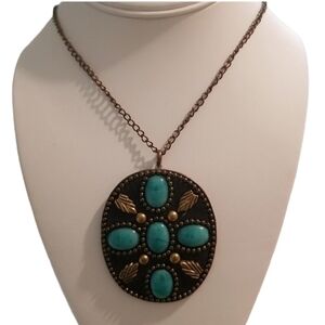 Antique Bohemian Pendant with Blue Beads Gold Tone Accents and Chain Necklace